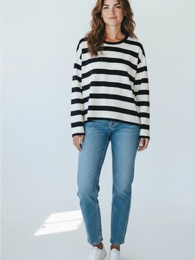 J. Crew Black Crewneck Top with Ribbed Collar, Drop Shoulder, Thick Cotton